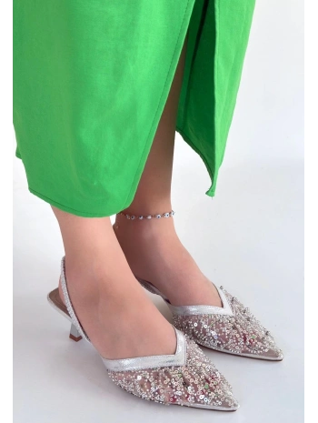 Toyi Gümüş Saten Topuklu Ayakkabı