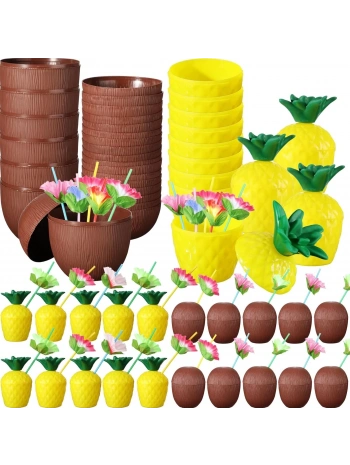 Tropikal Parti Bardak Seti – Ananas Ve Hindistan Cevizi Şekilli Pipetli Bardaklar (20 Adet)