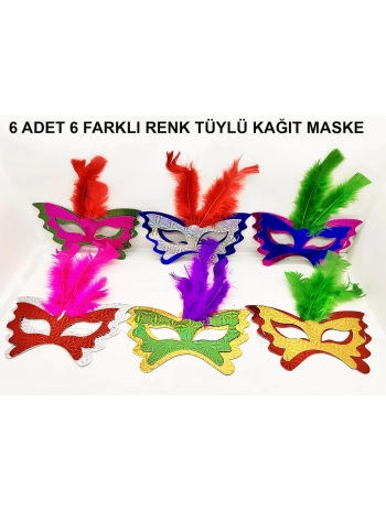Renkli Parti Maskesi 639lı | Tüylü Karton Maske Seti (lastikli)