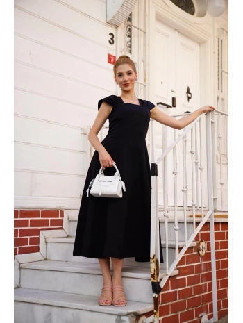 U yaka prenses elbise siyah s255101