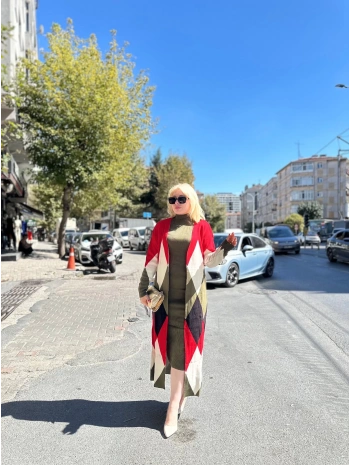 Uzun hırka içi elbise ikili triko takım ekose baklava desen haki kırmızı