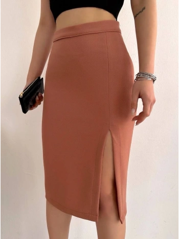 Uzun midi boy yırtmaçlı etek somon s24907