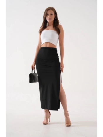 Uzun yırtmaçlı ince kumaş etek siyah