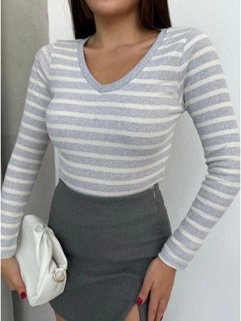 V yaka çizgili bluz gri A3699