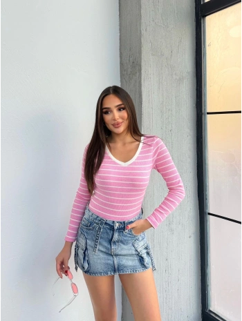 V yaka çizgili bluz pembe A3699