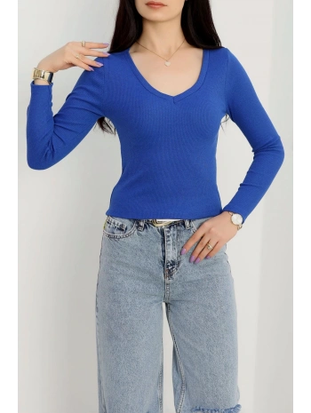 V yaka kaşkorse bluz saks mavisi a3699