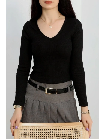 V yaka kaşkorse bluz siyah a3699