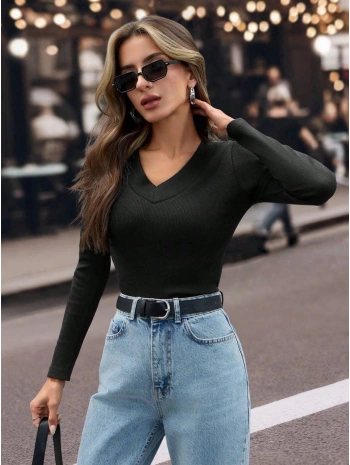 V yaka kaşkorse bluz siyah w3817