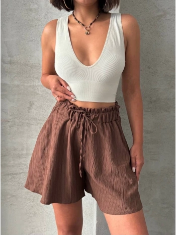 Volanlı keten şort kahve s255058