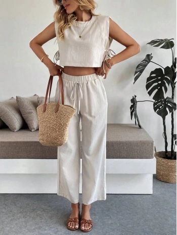 Yan bağlama detaylı pantolonlu takım bej