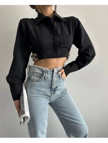 Yanı kemer detaylı crop gömlek siyah s4009