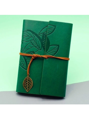 Yeşil Deri Kapaklı Yaprak Desenli Defter