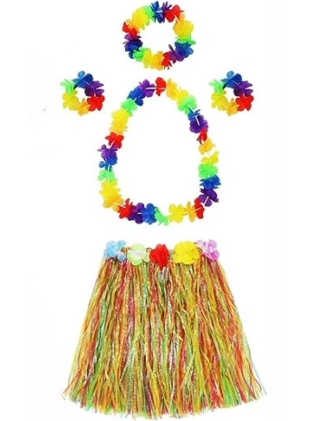 Yetişkin Ve Çocuk Uyumlu Luau Aloha Hawaii  Kolye Renkli Etek Taç Ve Bileklik Seti