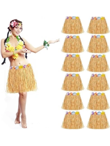 Yetişkin Ve Çocuk Uyumlu Saman Renk Hawaii Luau Hula Etek 40 Cm 12 Adet