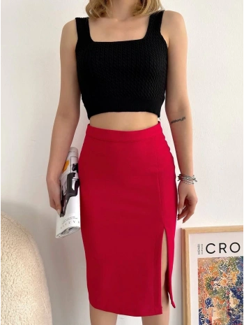 Yırtmaçlı esnek kumaş midi boy etek koyu kırmızı