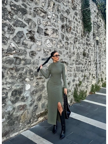 Yırtmaçlı kalın bürümcük uzun elbise Yeşil