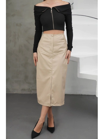 Yırtmaçlı uzun deri etek bej