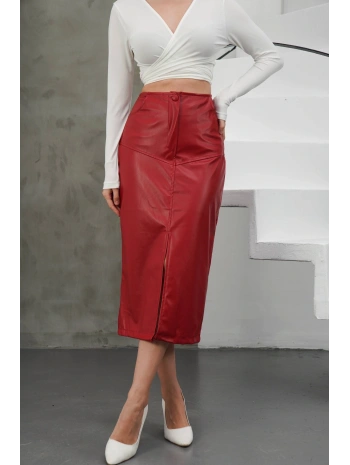 Yırtmaçlı uzun deri etek bordo