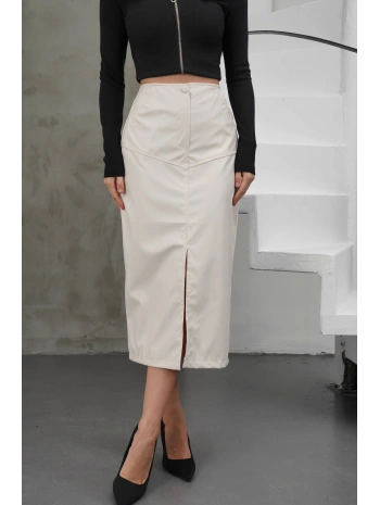 Yırtmaçlı uzun deri etek krem