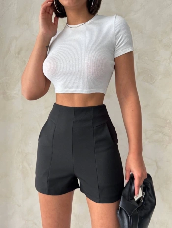 Yüksek bel parçalı double kumaş şort s25312