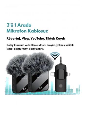 Yüksek Kalite Profesyonel 3 In 1 Kablosuz Taşınabilir Yaka Mikrofonu Tüylü