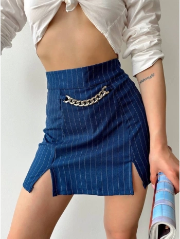 Zincir detaylı çizgili şort etek