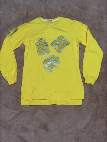 16 yaş ang baskılı tunik boy bisiklet yaka sweatshirt kız çocuk sarı
