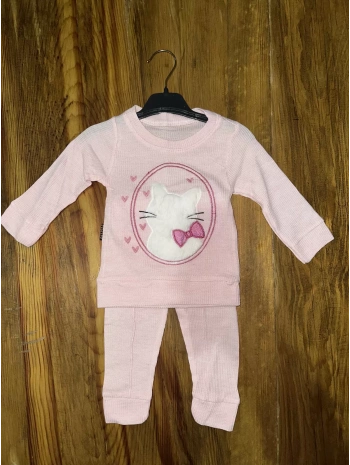 3-12 aylık kedi desen işlemeli takım pembe