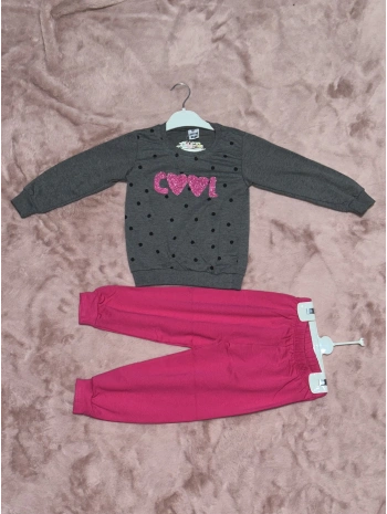 3-7 yaş pontiyeli ikili alt üst takım gri fuşya kız çocuk