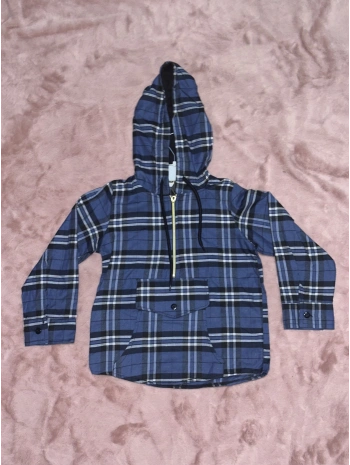 5-10 yaş ekoseli yarım fermuarlı kanguru cep kapşonlu ceket mavi