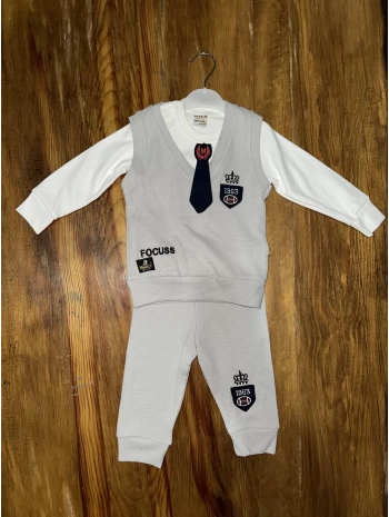 6-24 aylık kravatlı üçlü takım gri