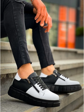 KB-X155 Kuback Beyaz Cilt Siyah Cilt Detaylı Siyah Yüksek Taban Günlük Spor Ayakkabı