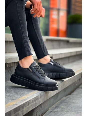 KB-X155 Kuback Siyah Cilt Detaylı Siyah Yüksek Taban Günlük Spor Ayakkabı