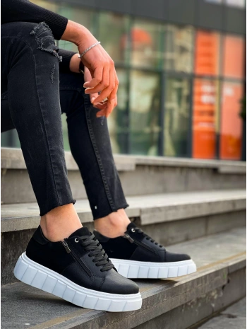 KB-X155 Kuback Siyah Cilt Siyah Süet Detaylı Beyaz Yüksek Taban Günlük Spor Ayakkabı