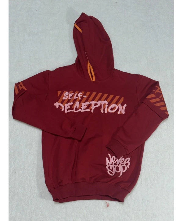 14 yaş erkek çocuk kapşonlu baskılı kol ek detaylı sweatshirt bordo