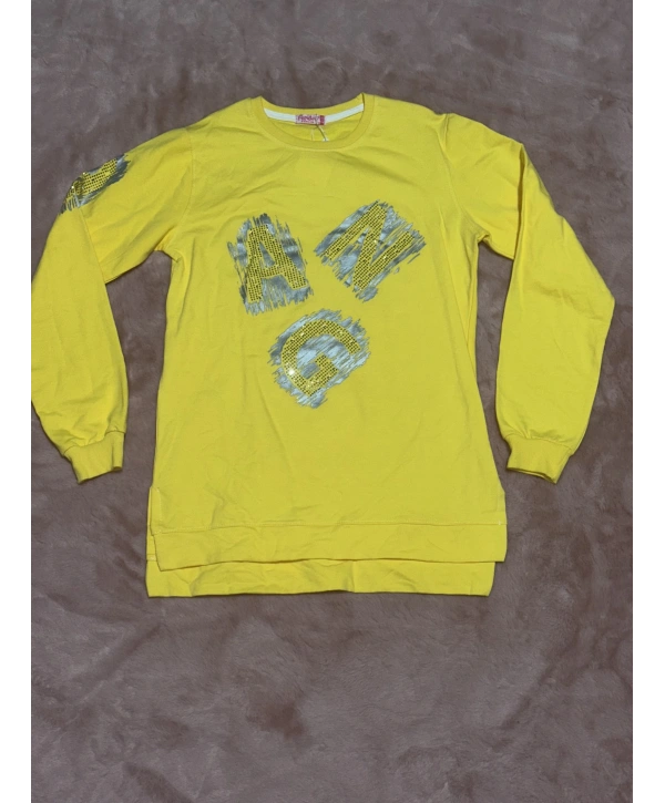 16 yaş ang baskılı tunik boy bisiklet yaka sweatshirt kız çocuk sarı