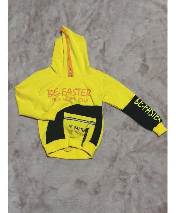 3-9 yaş naskılı ön fermuar detaylı kol ek kapşonlu sweatshirt sarı
