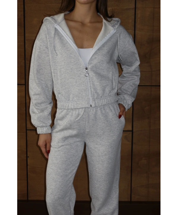 3 iplik şardonlu Kapşonlu fermuarlı kısa üst gri pat8590