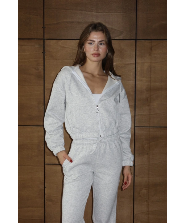 3 iplik şardonlu Kapşonlu fermuarlı kısa üst gri pat8590