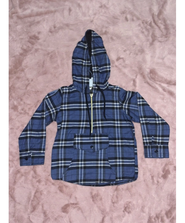 5-10 yaş ekoseli yarım fermuarlı kanguru cep kapşonlu ceket mavi