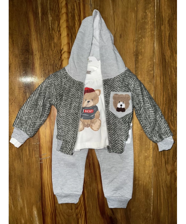 6-24 aylık ceketli kapşonlu üçlü takım gribeyaz