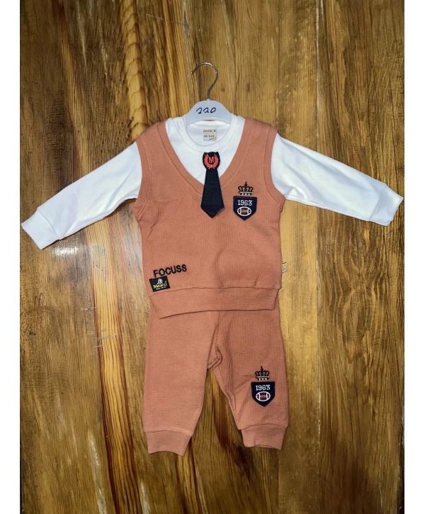 6-24 aylık kravatlı üçlü takım kahve