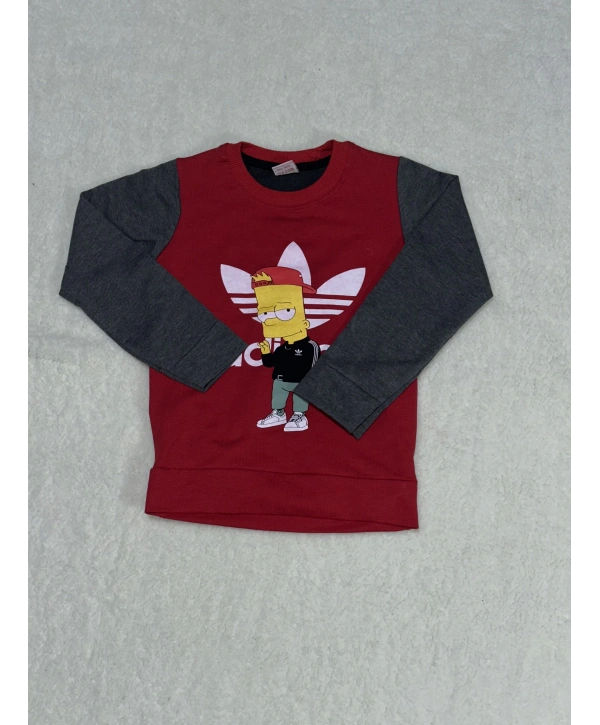 Karakter baskılı bisiklet yaka çift renkli sweatshirt bordo erkek çocuk