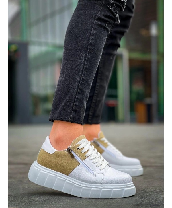 KB-X155 Kuback Beyaz Cilt Bej Süet Detaylı Beyaz Yüksek Taban Günlük Spor Ayakkabı