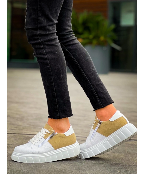 KB-X155 Kuback Beyaz Cilt Bej Süet Detaylı Beyaz Yüksek Taban Günlük Spor Ayakkabı
