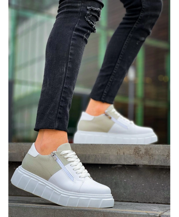 KB-X155 Kuback Beyaz Cilt Gri Süet Detaylı Beyaz Yüksek Taban Günlük Spor Ayakkabı