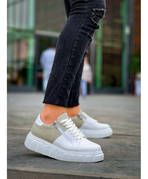 KB-X155 Kuback Beyaz Cilt Gri Süet Detaylı Beyaz Yüksek Taban Günlük Spor Ayakkabı