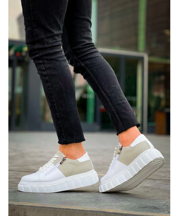 KB-X155 Kuback Beyaz Cilt Gri Süet Detaylı Beyaz Yüksek Taban Günlük Spor Ayakkabı