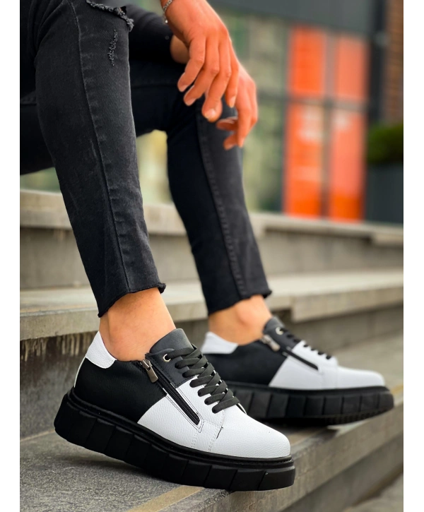 KB-X155 Kuback Beyaz Cilt Siyah Cilt Detaylı Siyah Yüksek Taban Günlük Spor Ayakkabı