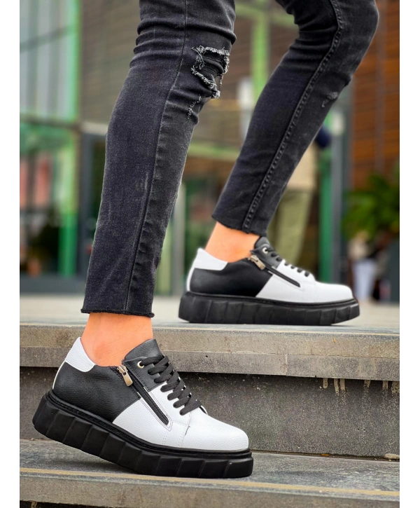 KB-X155 Kuback Beyaz Cilt Siyah Cilt Detaylı Siyah Yüksek Taban Günlük Spor Ayakkabı